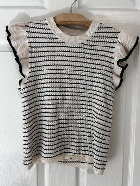 JDY White Striped Knitted Frill Sleeve Stripe Top - Cream/Black